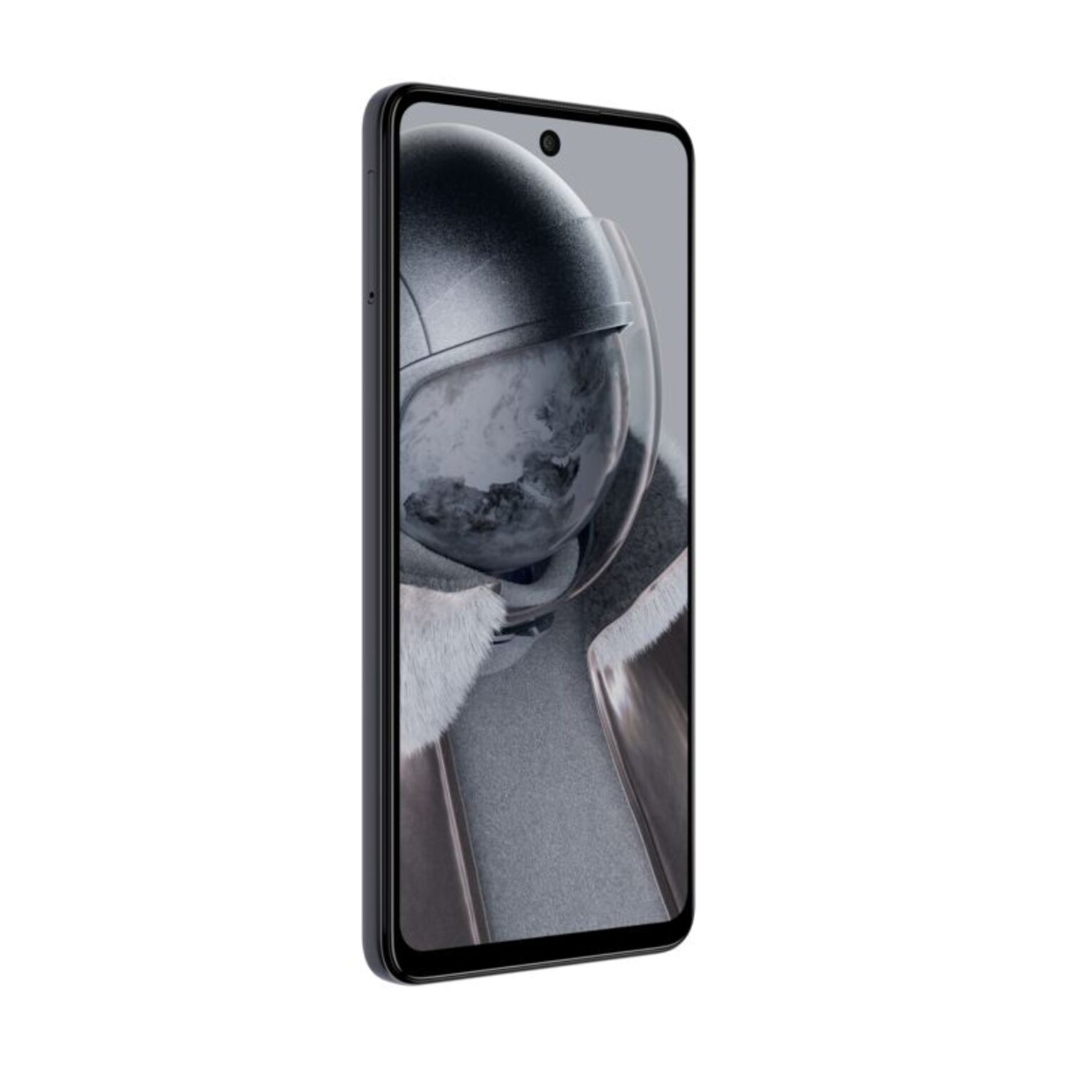 Un smartphone noir affiche une image de casque futuriste. Le téléphone est présenté de profil.