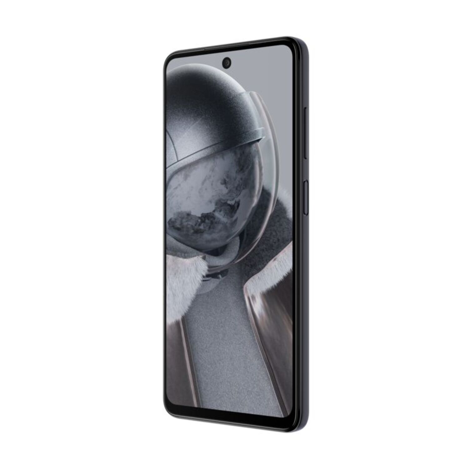 Un smartphone noir avec un écran montrant un astronaute, vu de profil.