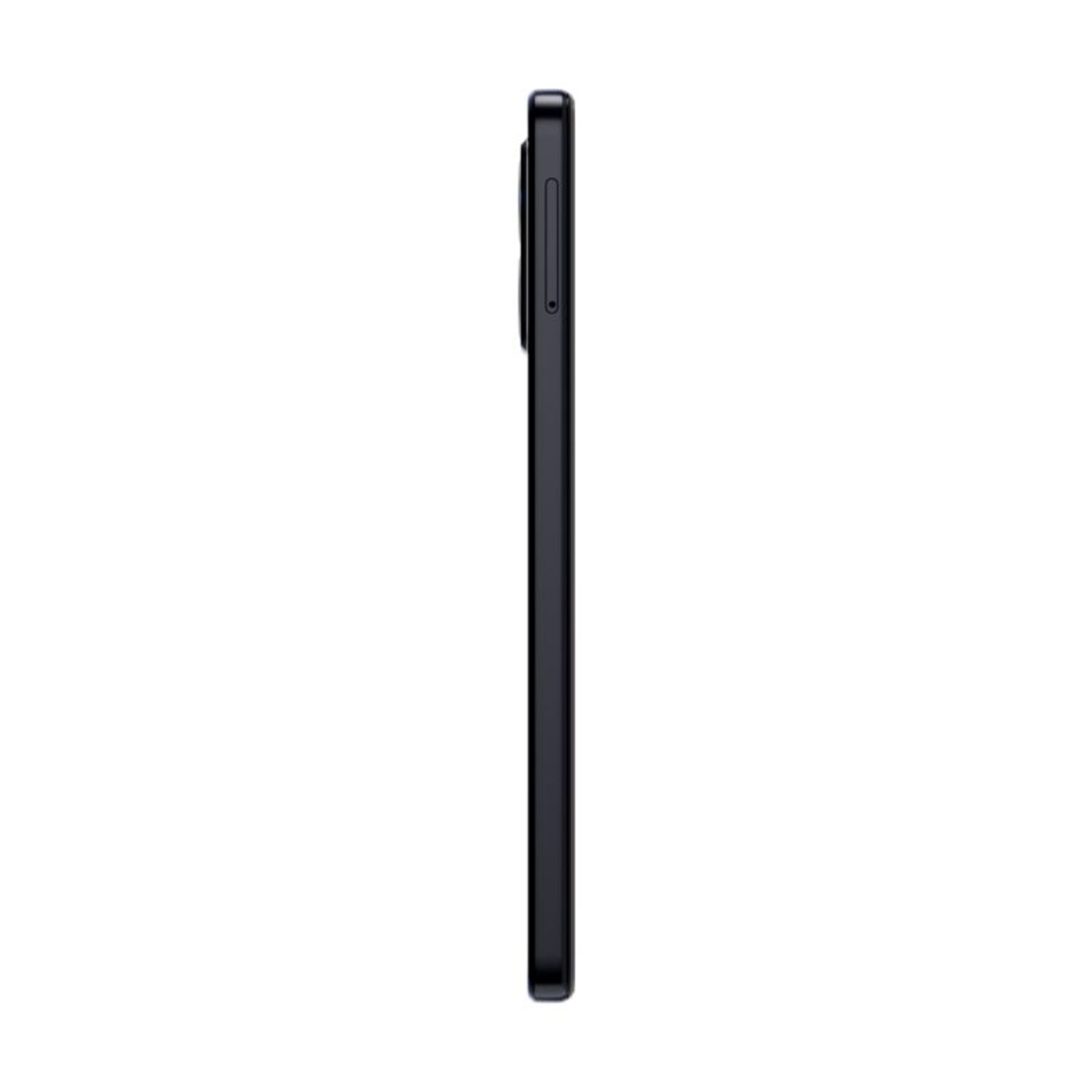 Une vue latérale d'un smartphone noir fin sur fond blanc.