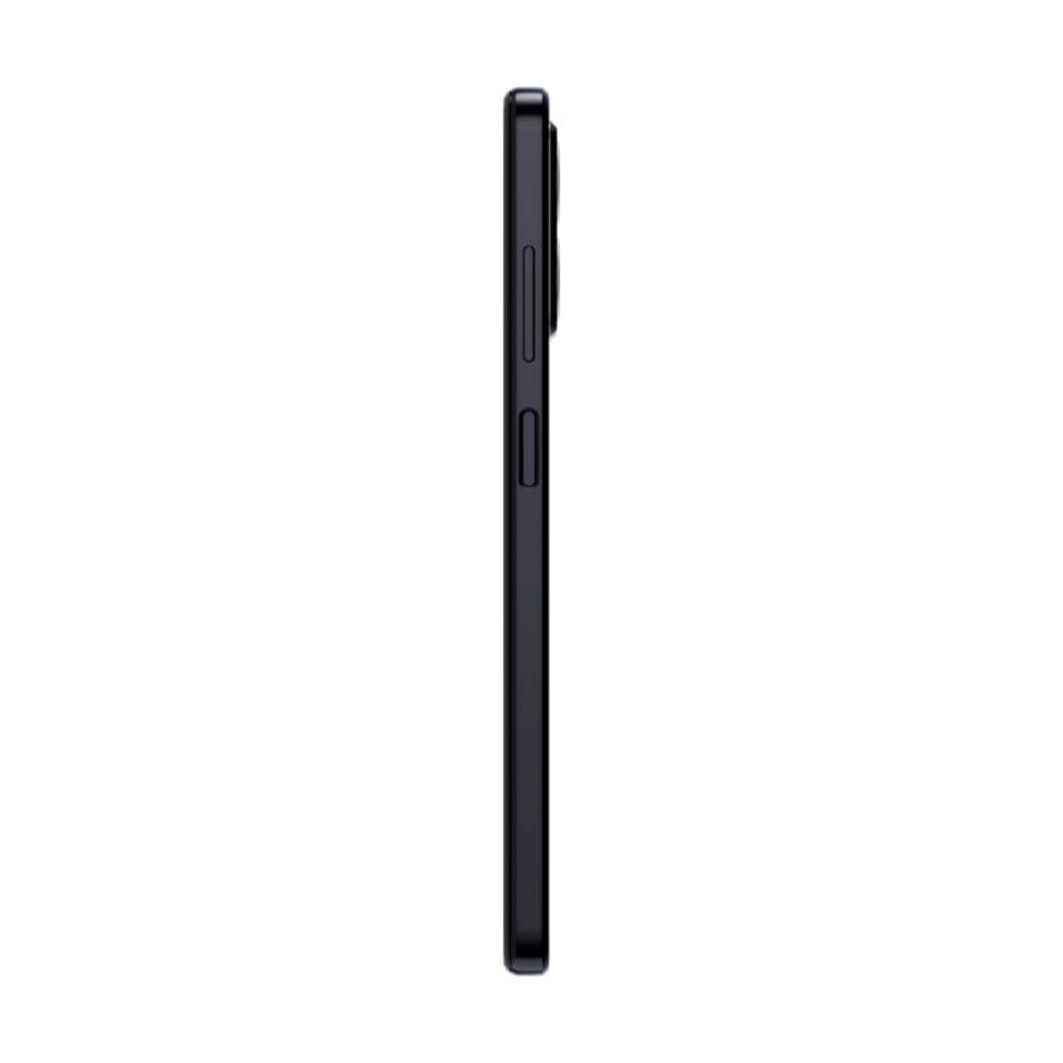 Un téléphone noir, vue latérale, avec boutons et caméra. Fond blanc.