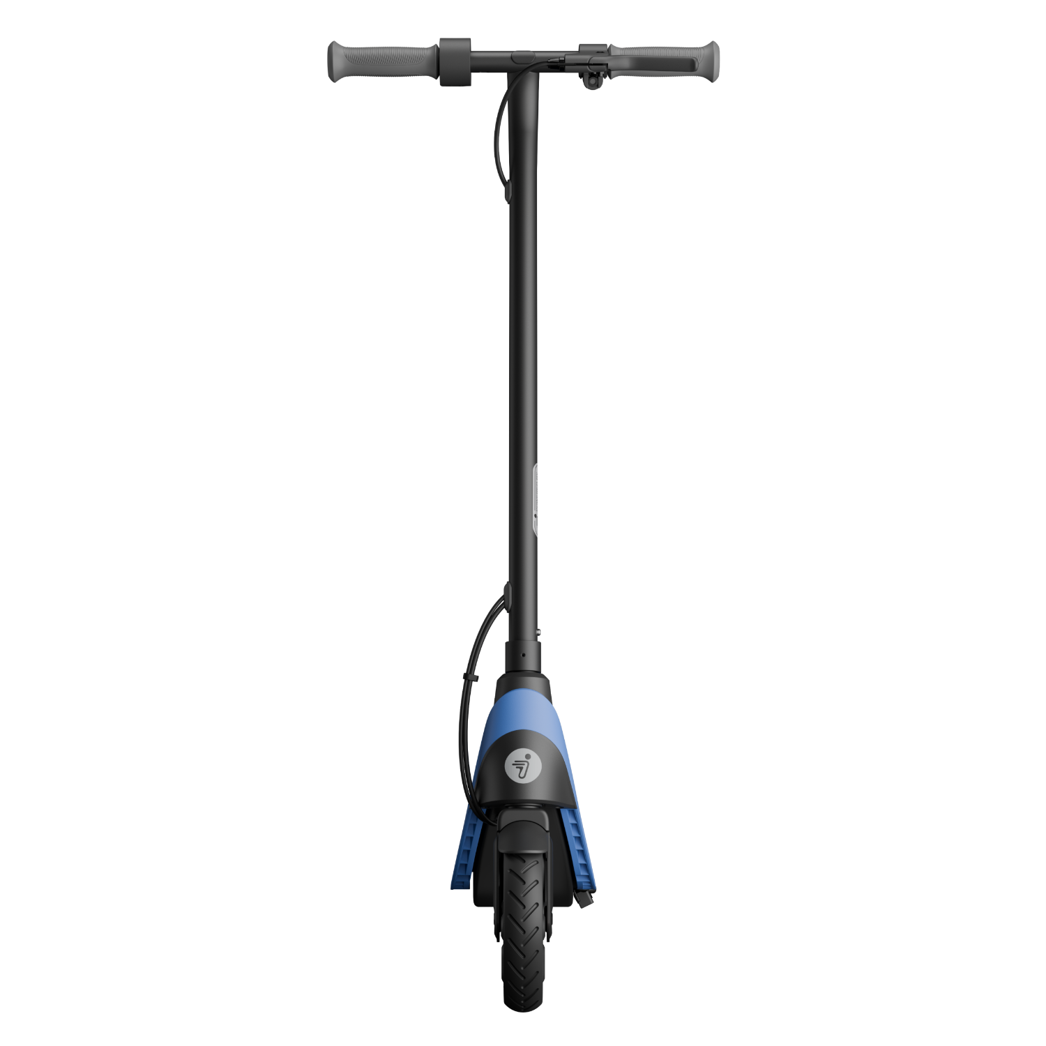 Blue and black electric scooter. Handlebars, stem, and wheel are visible.