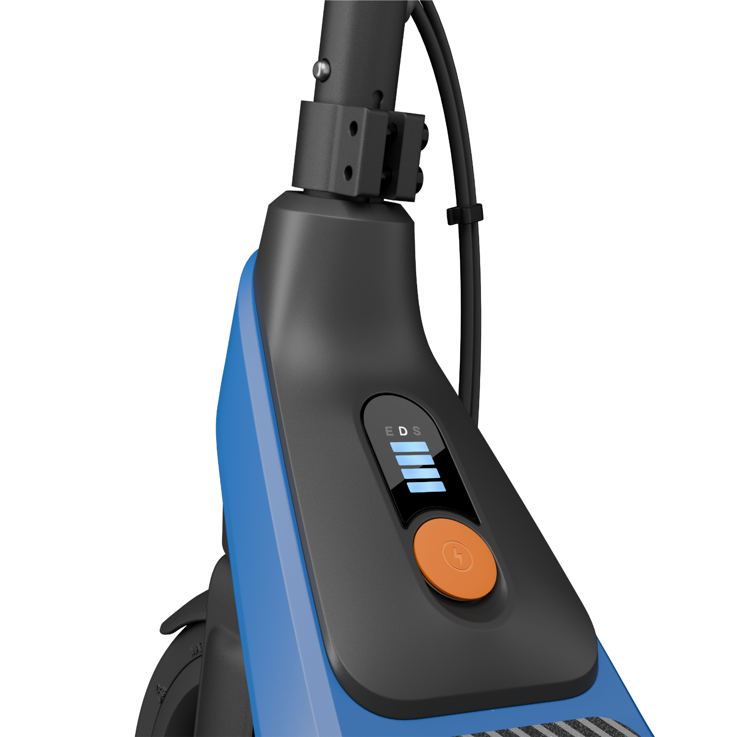 Close-up of an electric scooter's control panel. It displays speed and battery level with a power button.