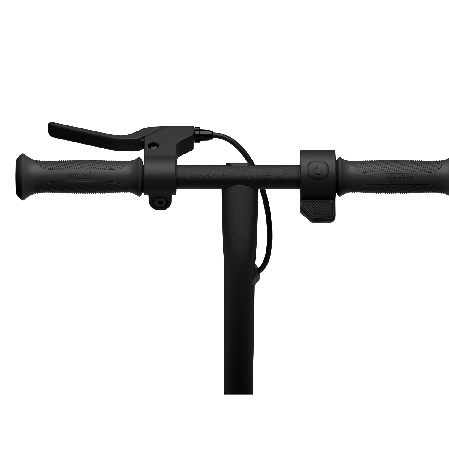 Black scooter handlebars with a brake lever, a power button, and grip handles.