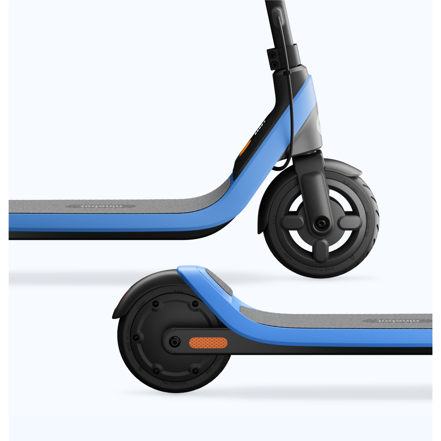 A blue and black electric scooter, with views of the front and back wheels.