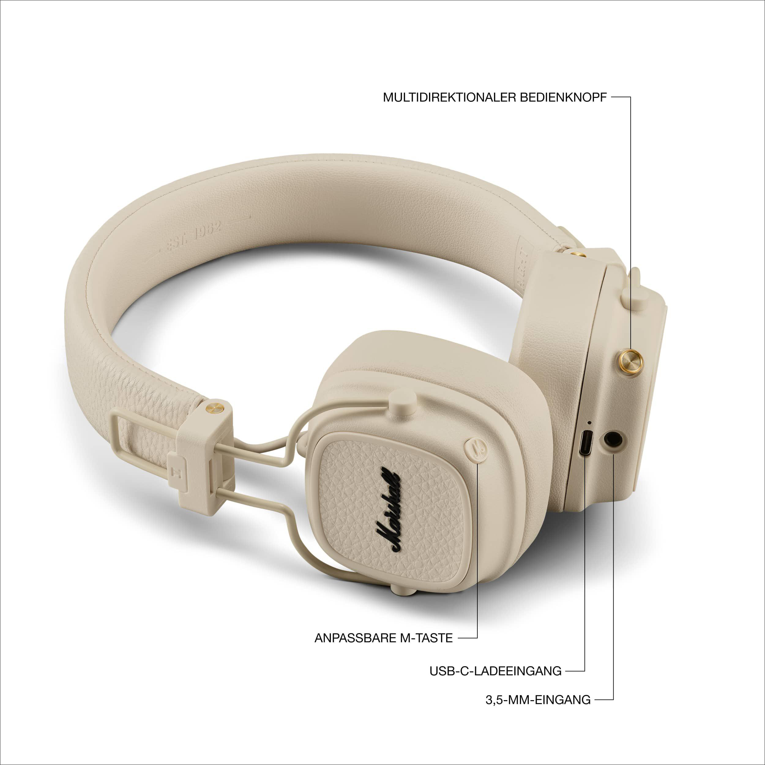 Beige Marshall-Kopfhörer. Die Beschriftungen zeigen anpassbare M-Taste, USB-C- und 3,5-mm-Eingang.