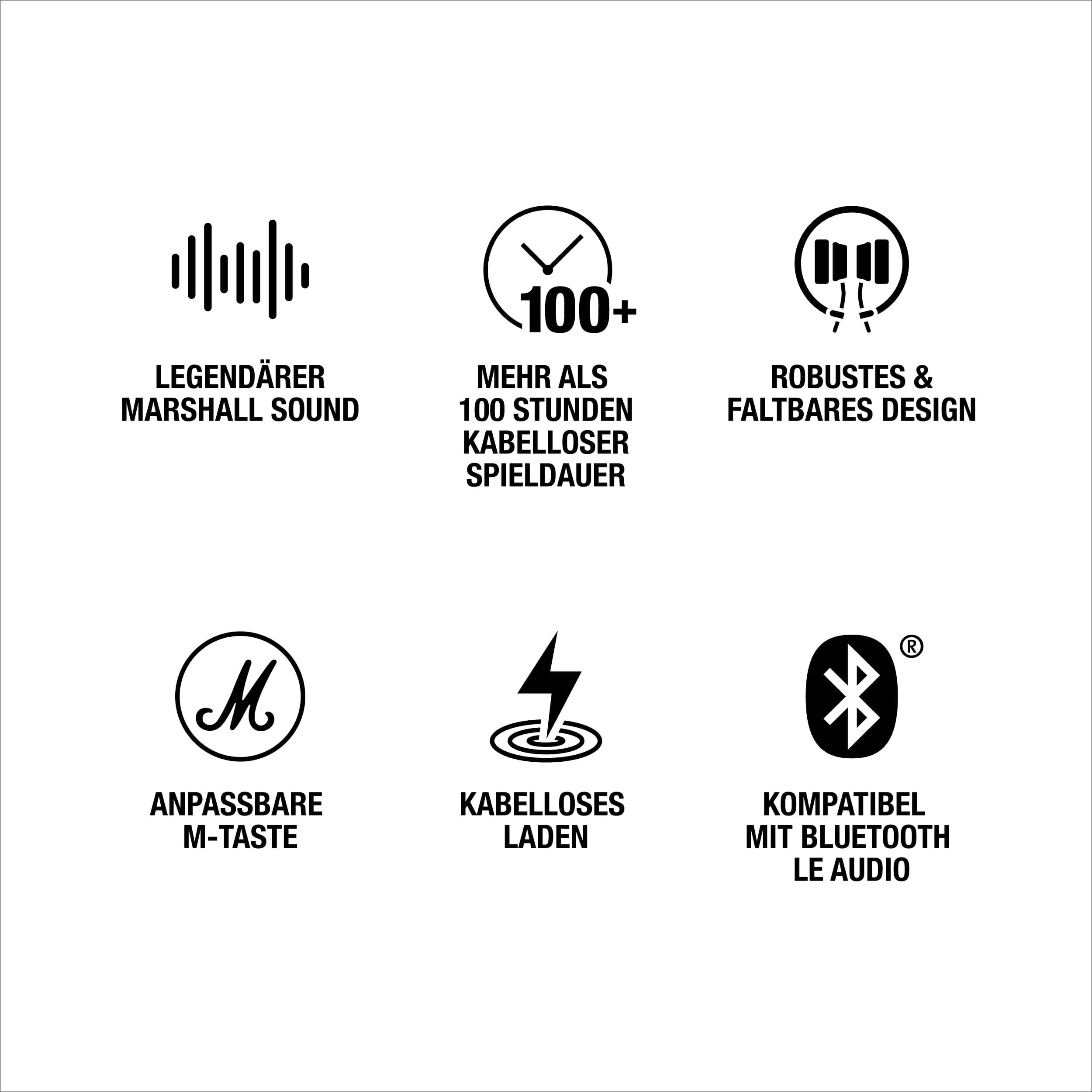 Symbole mit Text: Legendärer Marshall-Sound, 100+ Stunden Spielzeit, robustes Design, anpassbare M-Taste, kabelloses Laden.