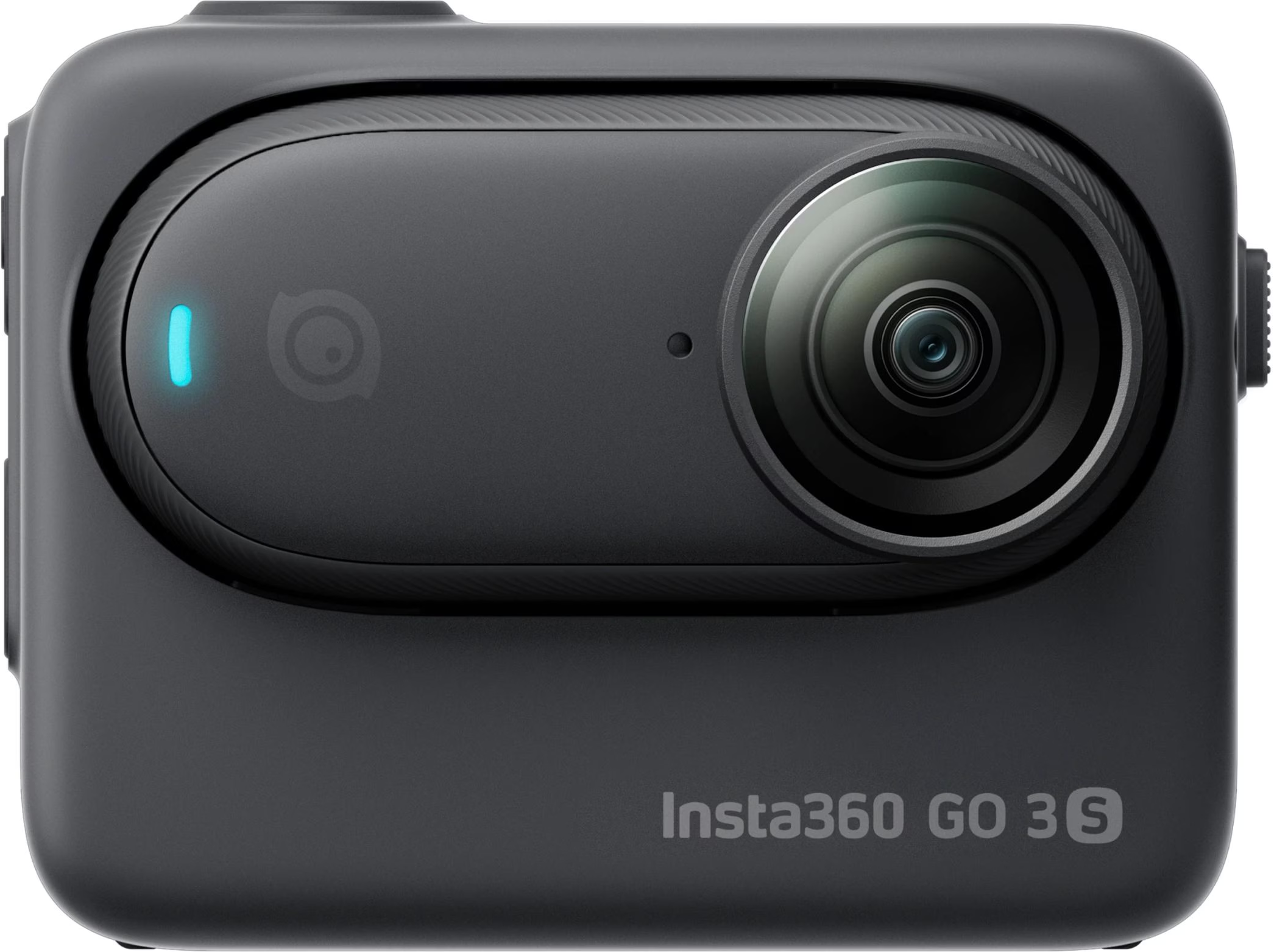 Videocamera sportiva nera, centrata, con obiettivo e luce blu. Sfondo nero.
