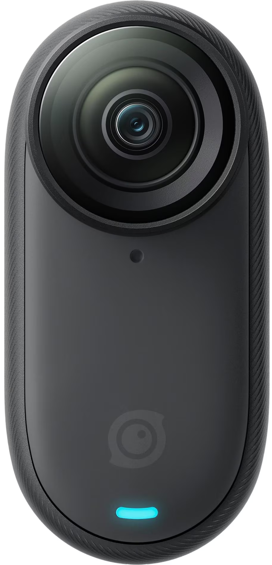 Fotocamera Insta360 nera con lente e luce blu nella parte inferiore.
