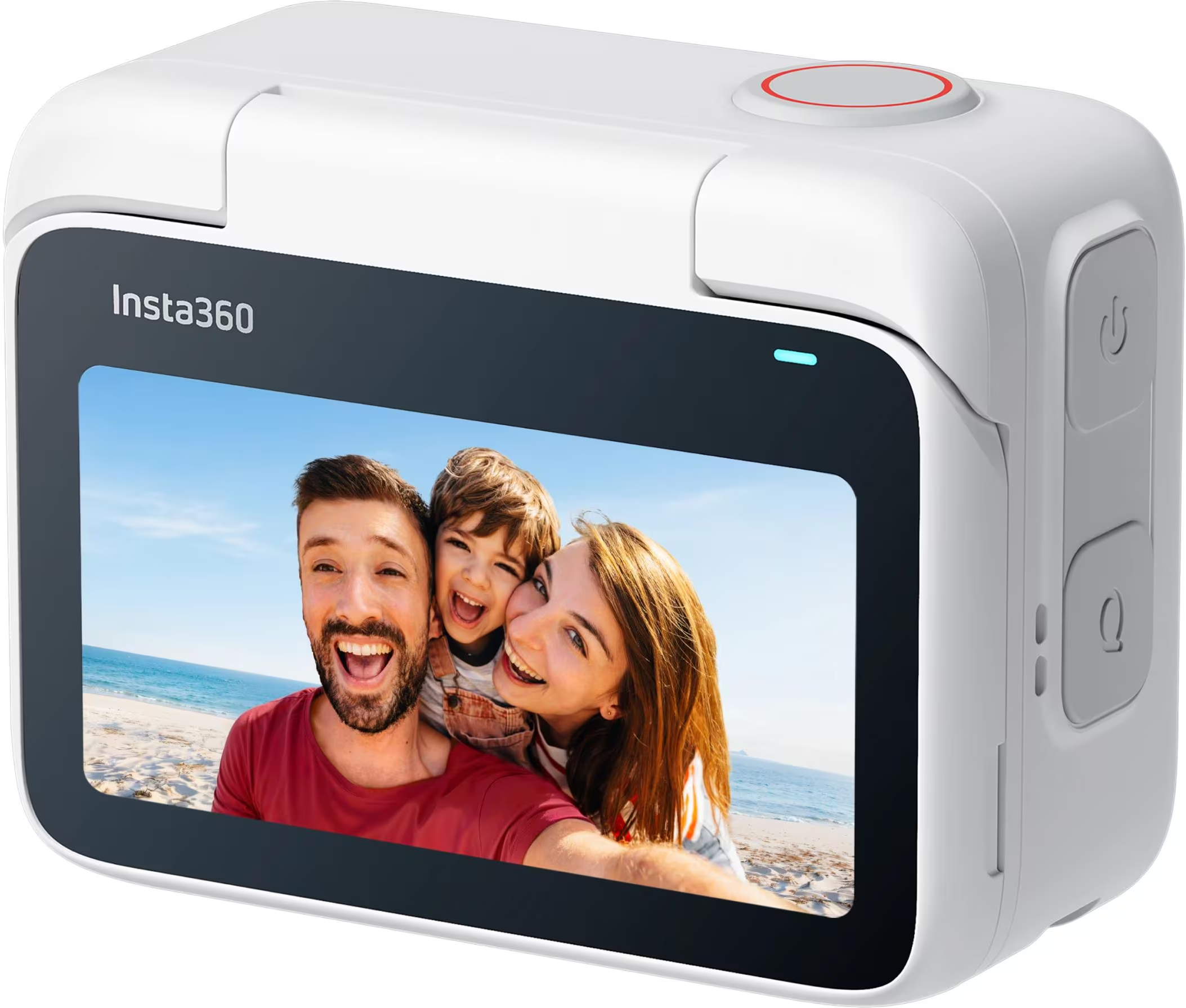 Videocamera bianca con schermo che mostra una famiglia. La fotocamera ha un pulsante rosso.