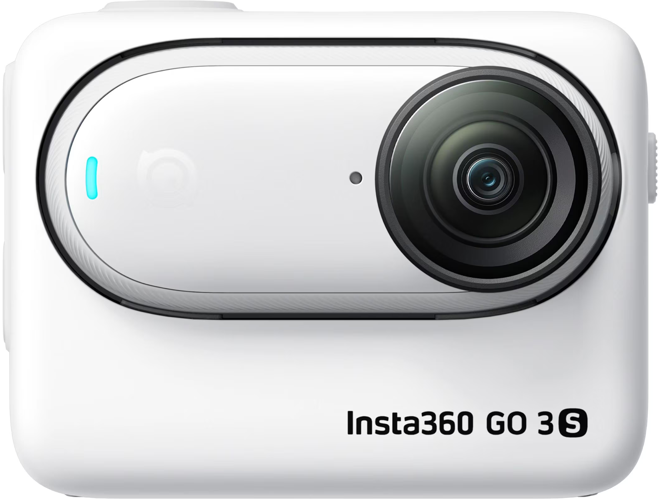 Una action cam Insta360 GO 3S bianca. Ha un obiettivo e una luce blu.