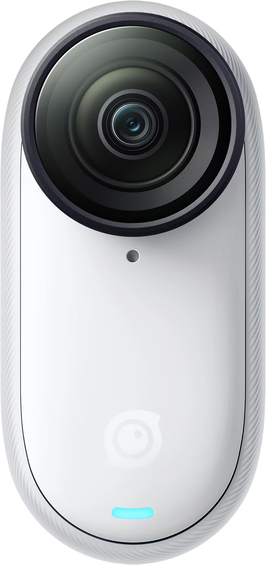 Videocamera bianca con obiettivo e luce. Design semplice ed elegante. Vista dall'alto.