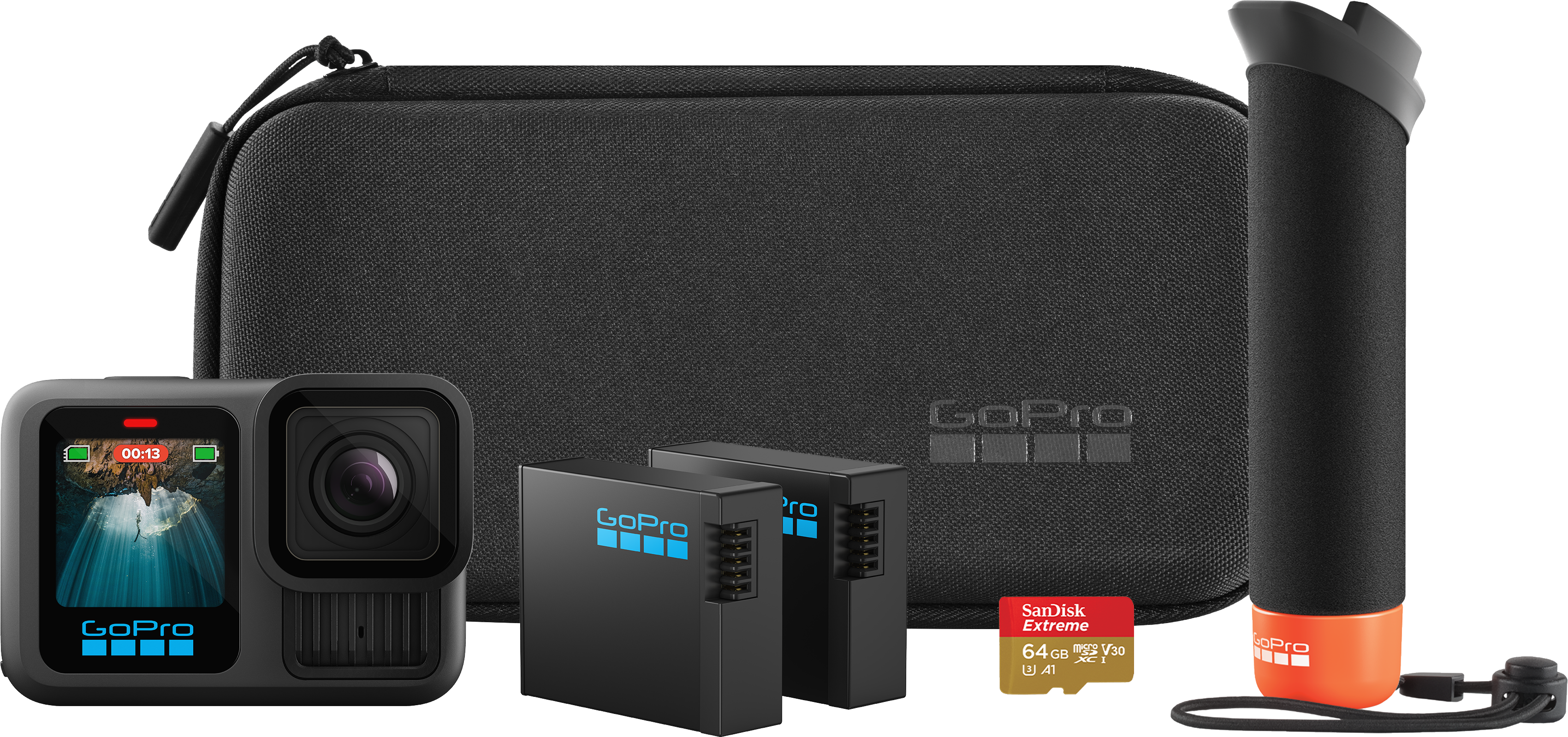GoPro kamerakészlet: Kamera, tok, fogantyú, akkumulátorok, memóriakártya, fekete és piros.