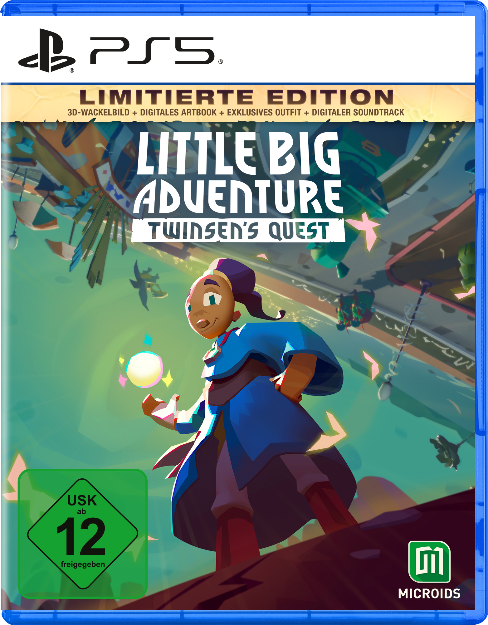 PS5-Spielhülle: Little Big Adventure. Blaue Hülle mit Charakter auf dem Cover.