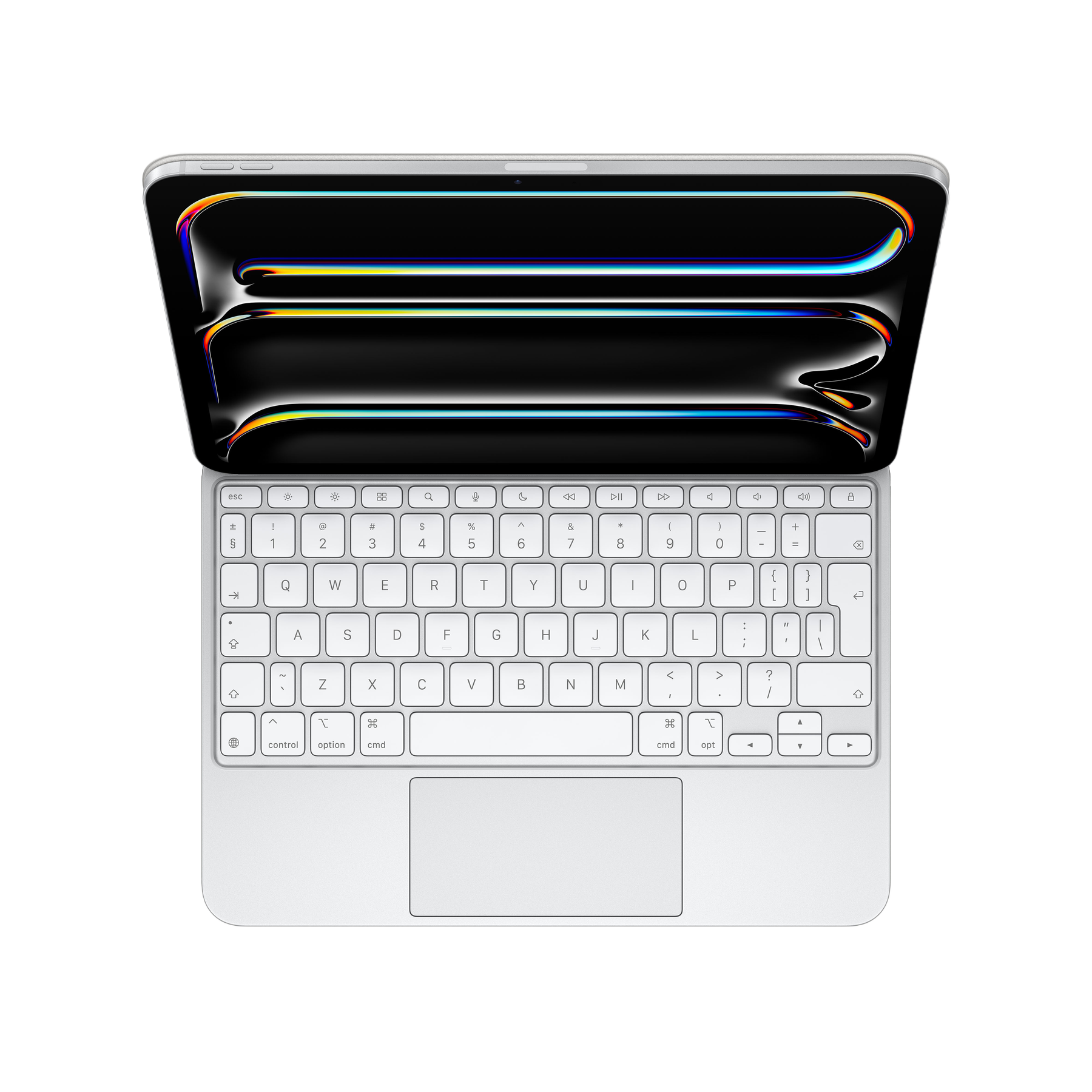 Una tastiera e un trackpad bianchi, vista dall'alto, su sfondo nero. La tastiera è aperta.