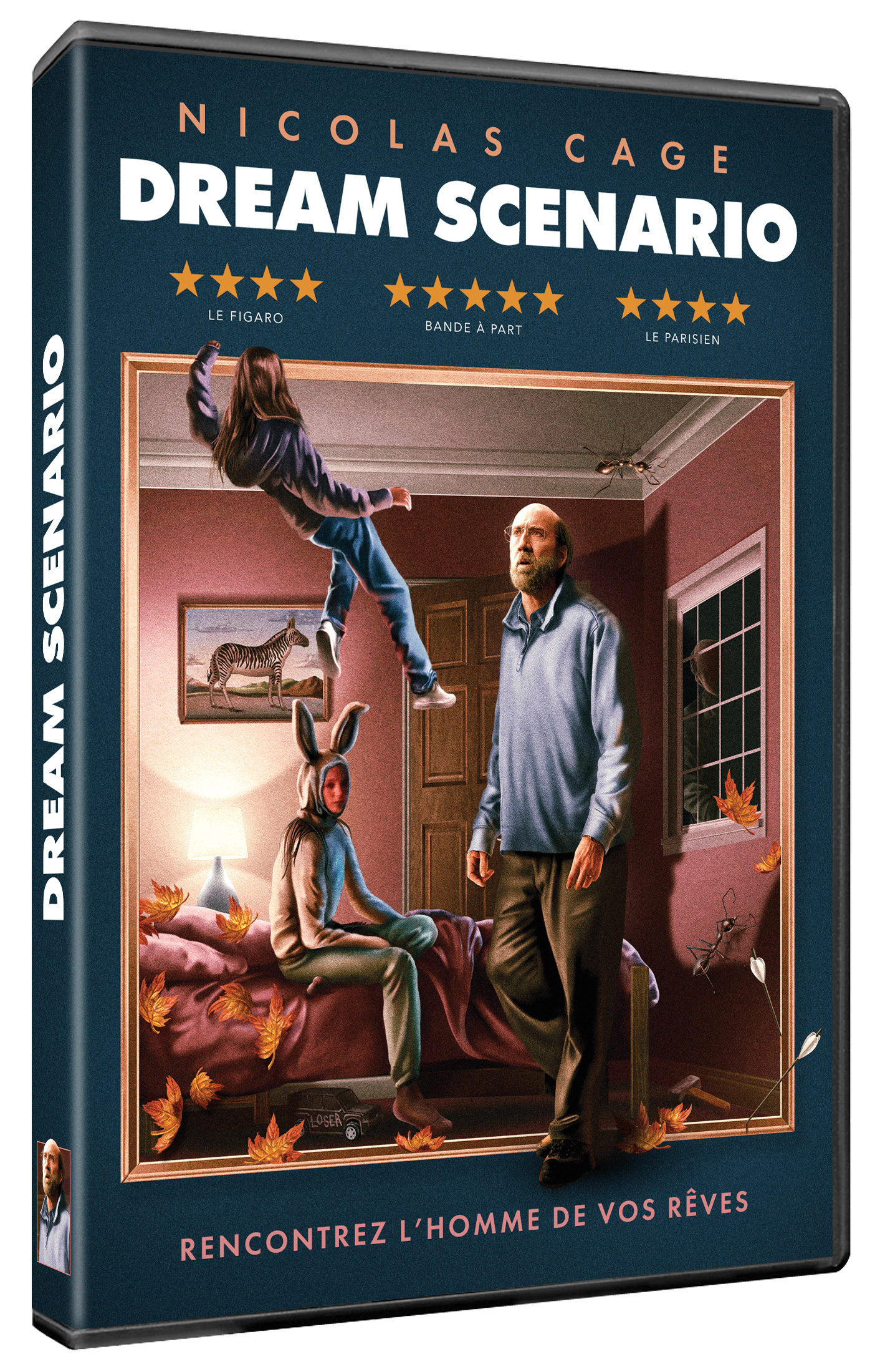 Boîtier DVD, 'Dream Scenario'. Avec Nicolas Cage. La couverture montre un intérieur surréaliste.