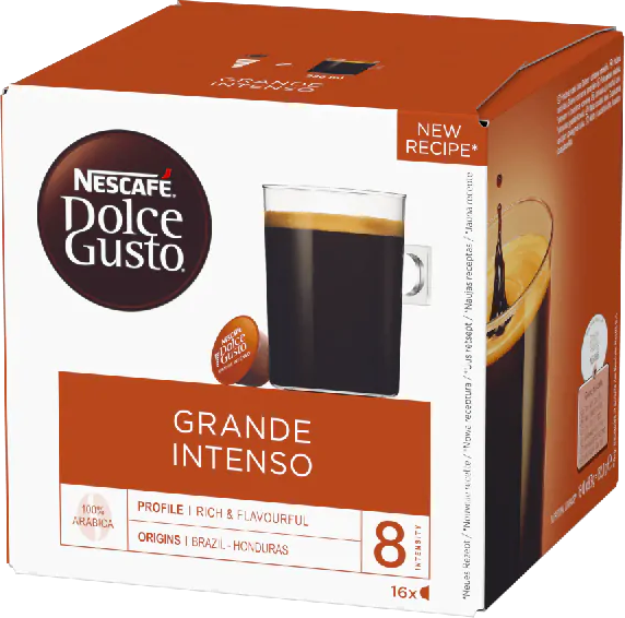 Eine Kaffeebox mit einer Tasse Kaffee. Auf der Box steht 'Grande Intenso' und 'Dolce Gusto'.