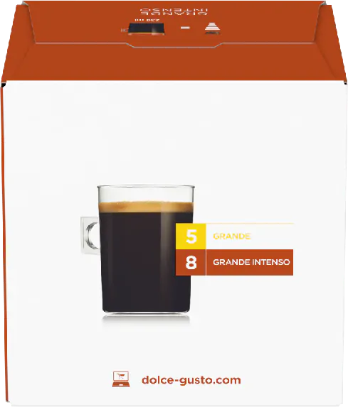 Eine Schachtel mit einer Tasse Kaffee und Etiketten, die Dolce-Gusto-Kaffee bewerben.