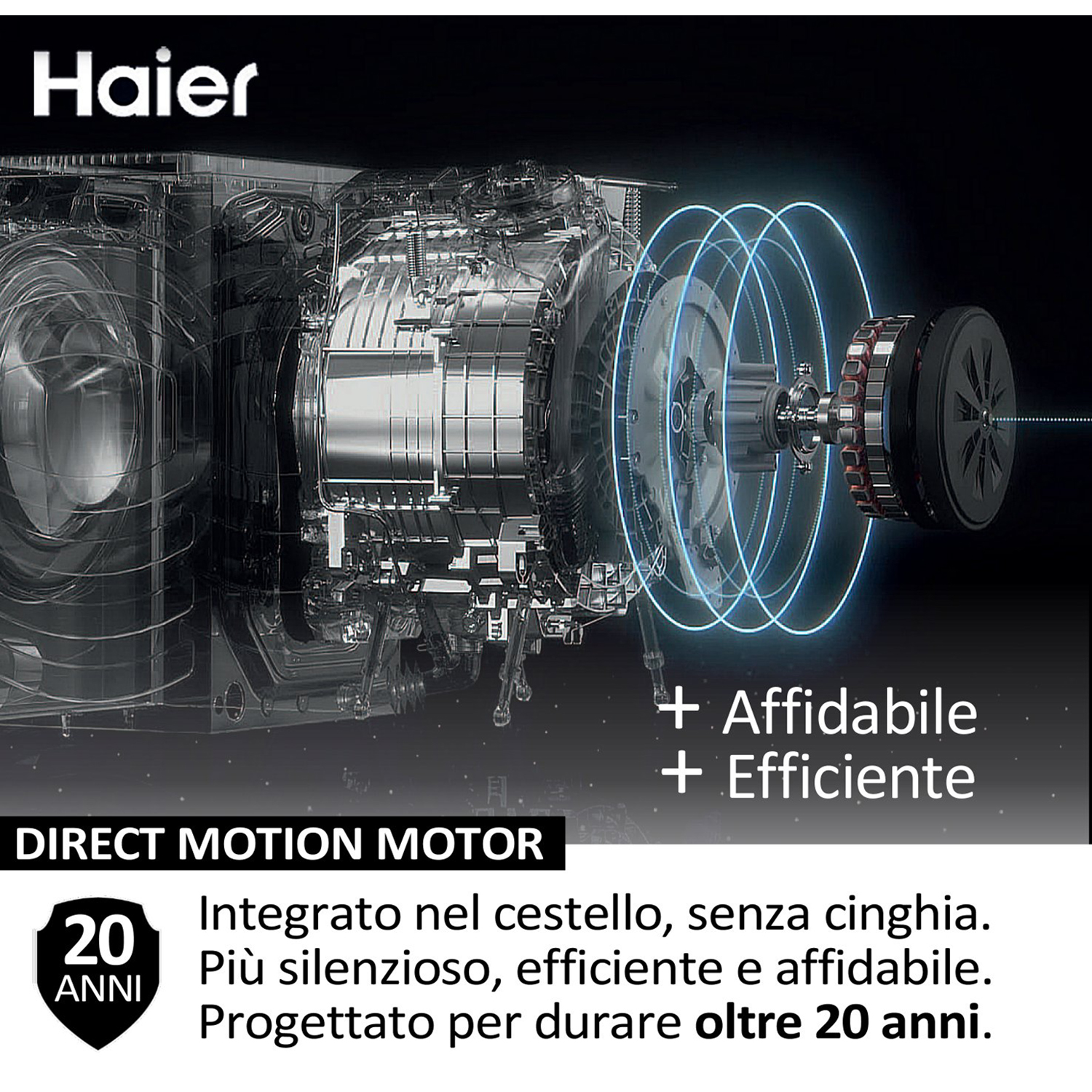 Un'illustrazione di un motore a movimento diretto Haier con testo in italiano e una lavatrice.