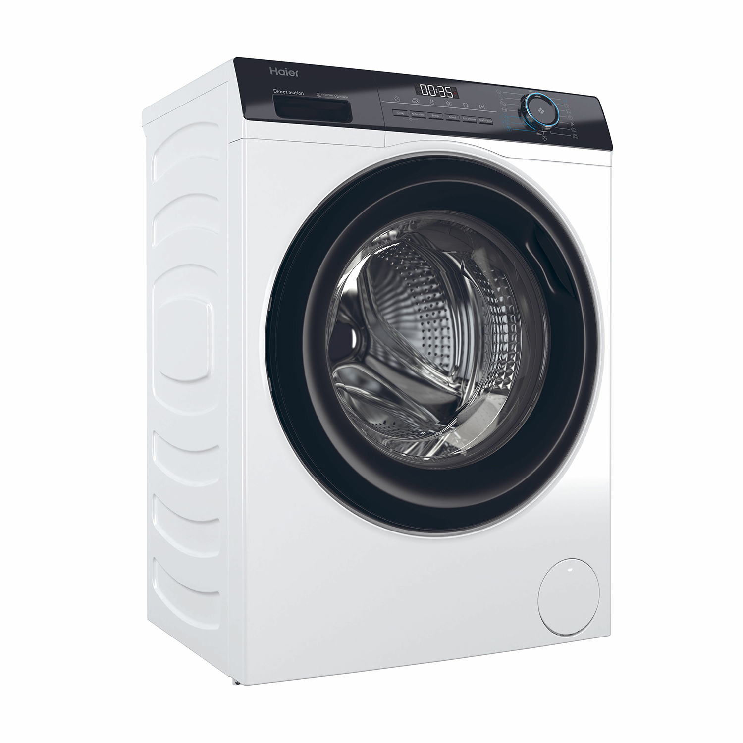 Lavatrice Haier bianca. Design a carica frontale con porta e pannello comandi neri.