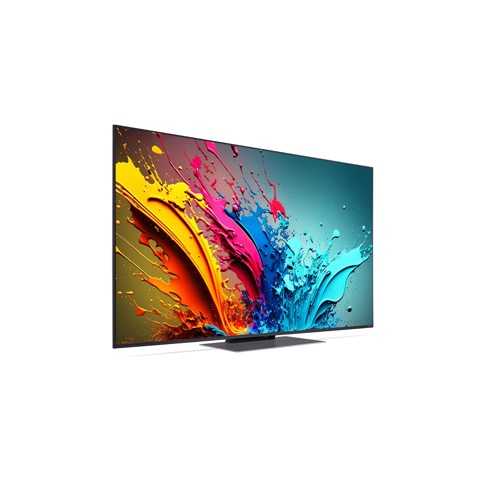 TV, siyah bir çerçeve üzerinde renkli boya sıçramaları sergiliyor. Ekran sarı, pembe, mavi ve yeşil renkleri gösteriyor.