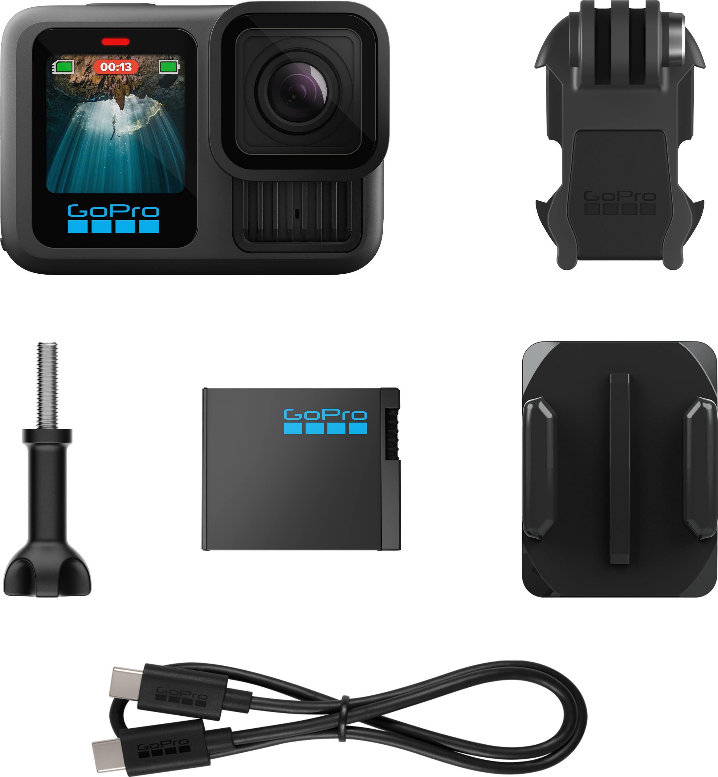 Fotocamera GoPro e accessori. Fotocamera nera con schermo subacqueo.