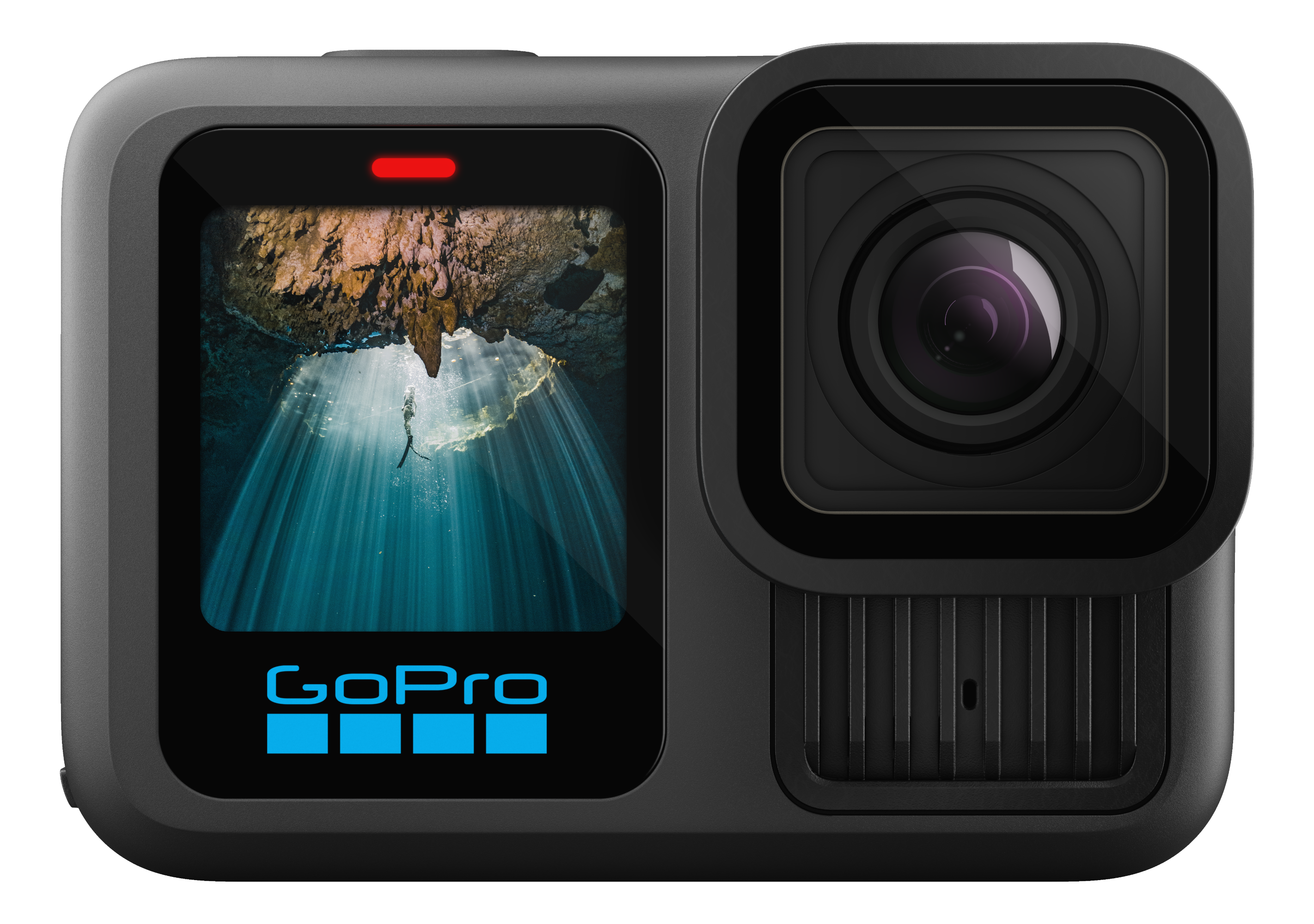 Caméra GoPro noire montrant une scène de grotte sous-marine. Lentille et écran visibles. Logo GoPro en bas.
