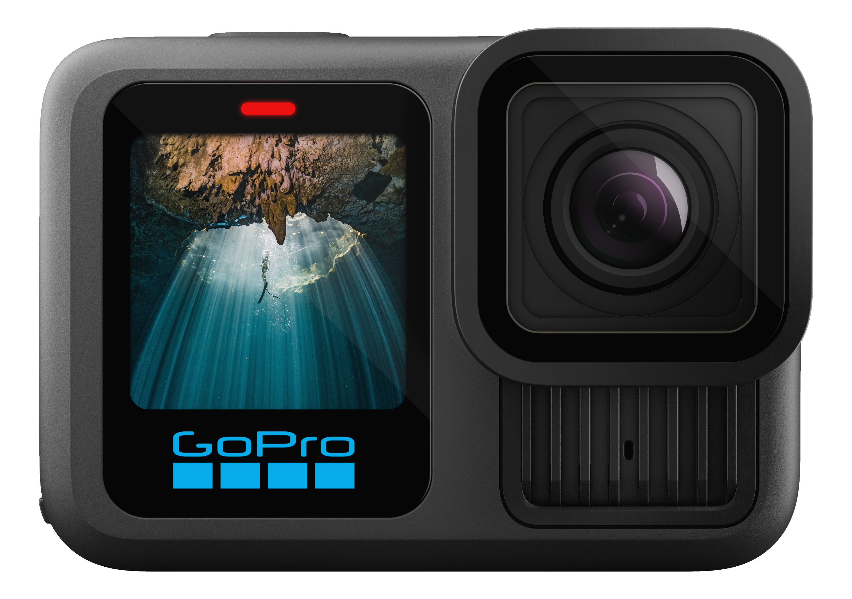 Schwarze GoPro-Kamera mit Bildschirm, der eine Unterwasserszene zeigt, rotes Licht oben, Objektiv rechts.