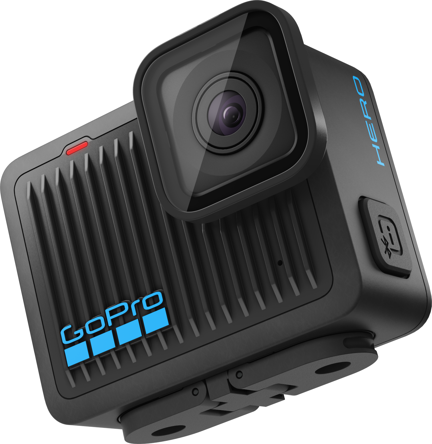 GoPro-Kamera, schwarz, mit blauem Logo und Text. Merkmale umfassen ein Objektiv, Tasten und strukturierten Körper.
