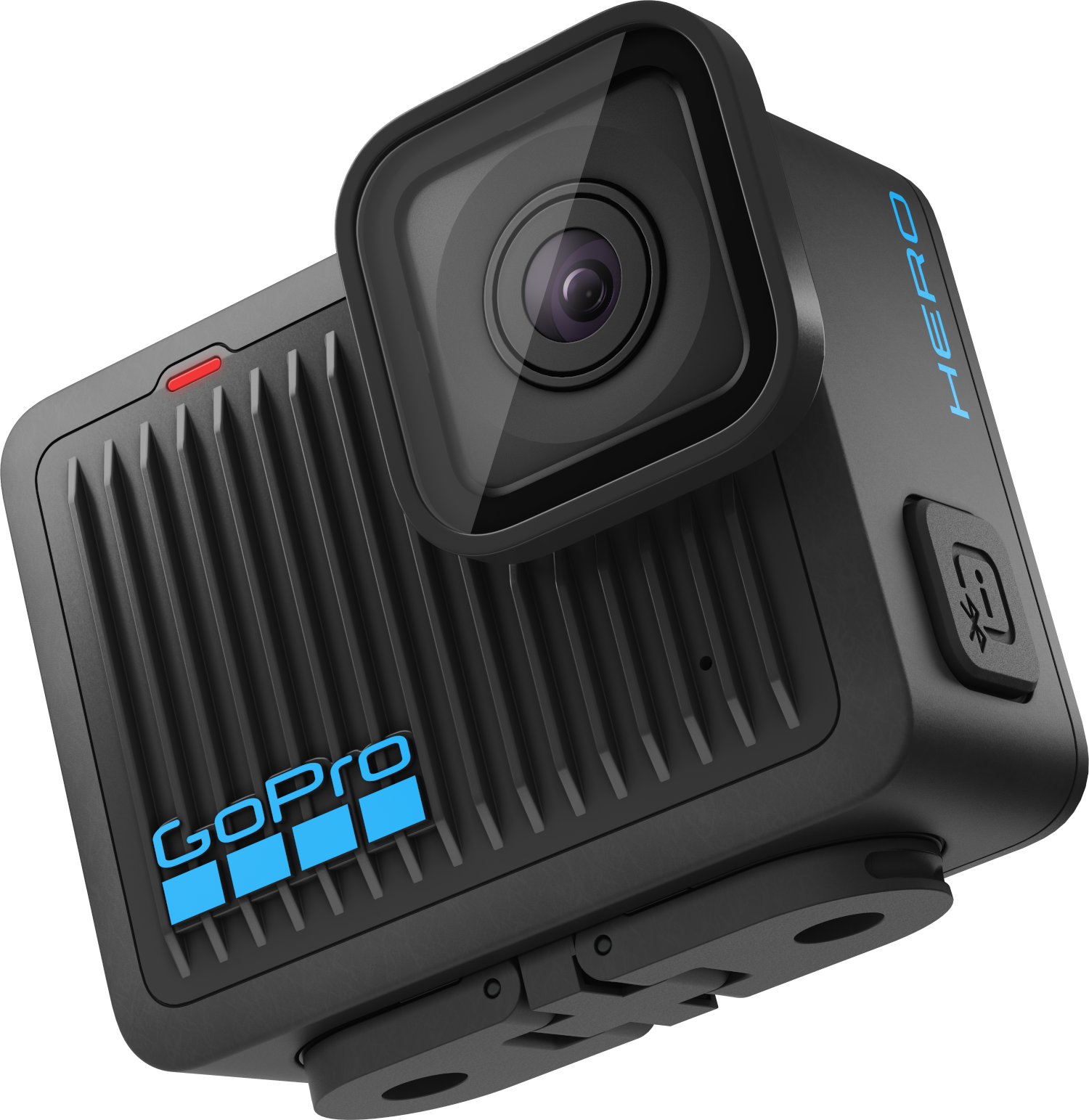 Schwarze GoPro-Kamera mit blauem GoPro-Logo und dem Wort HERO in Blau.