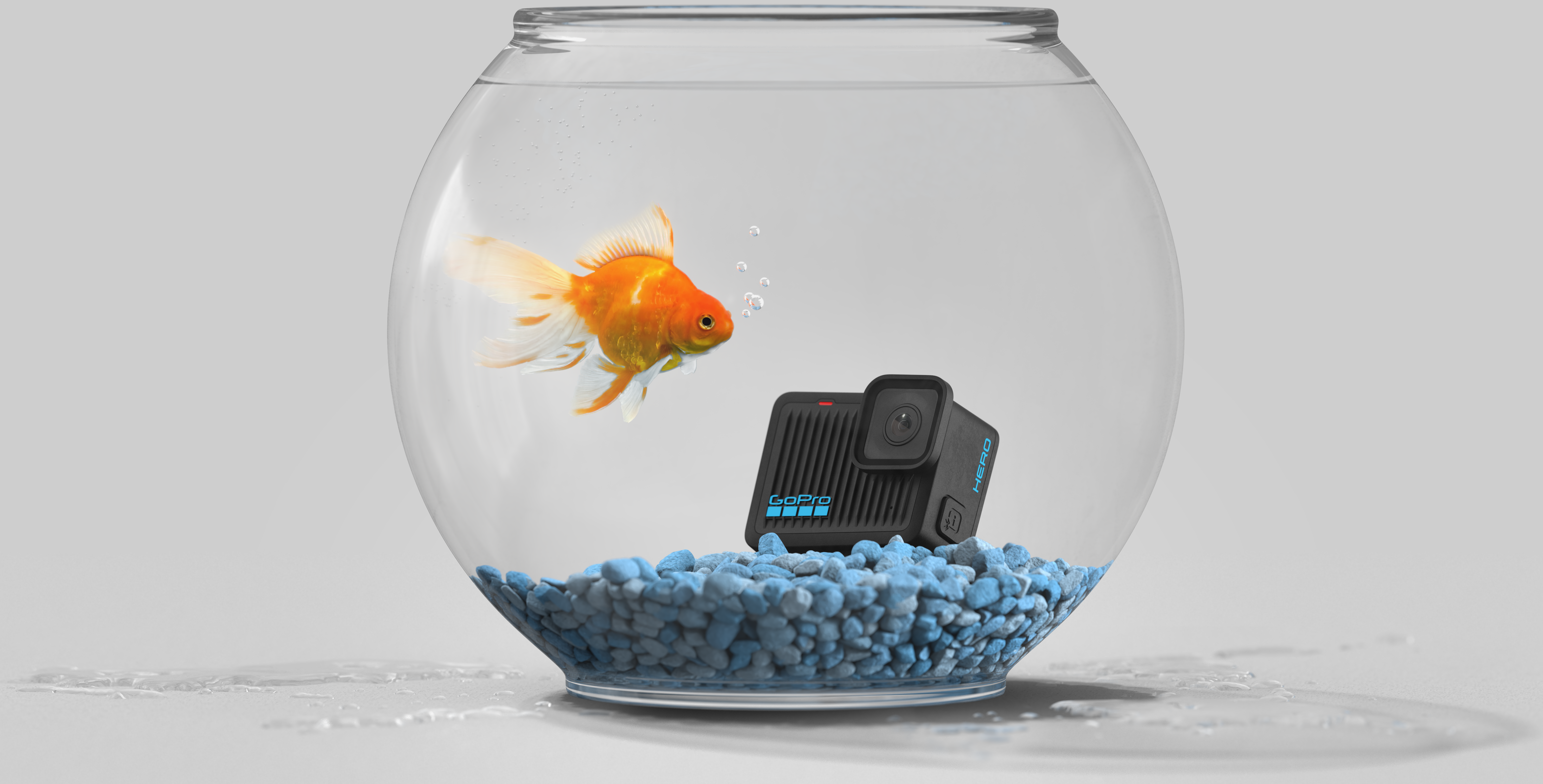 Ein Goldfisch in einem Fischglas neben einer schwarzen GoPro-Kamera.