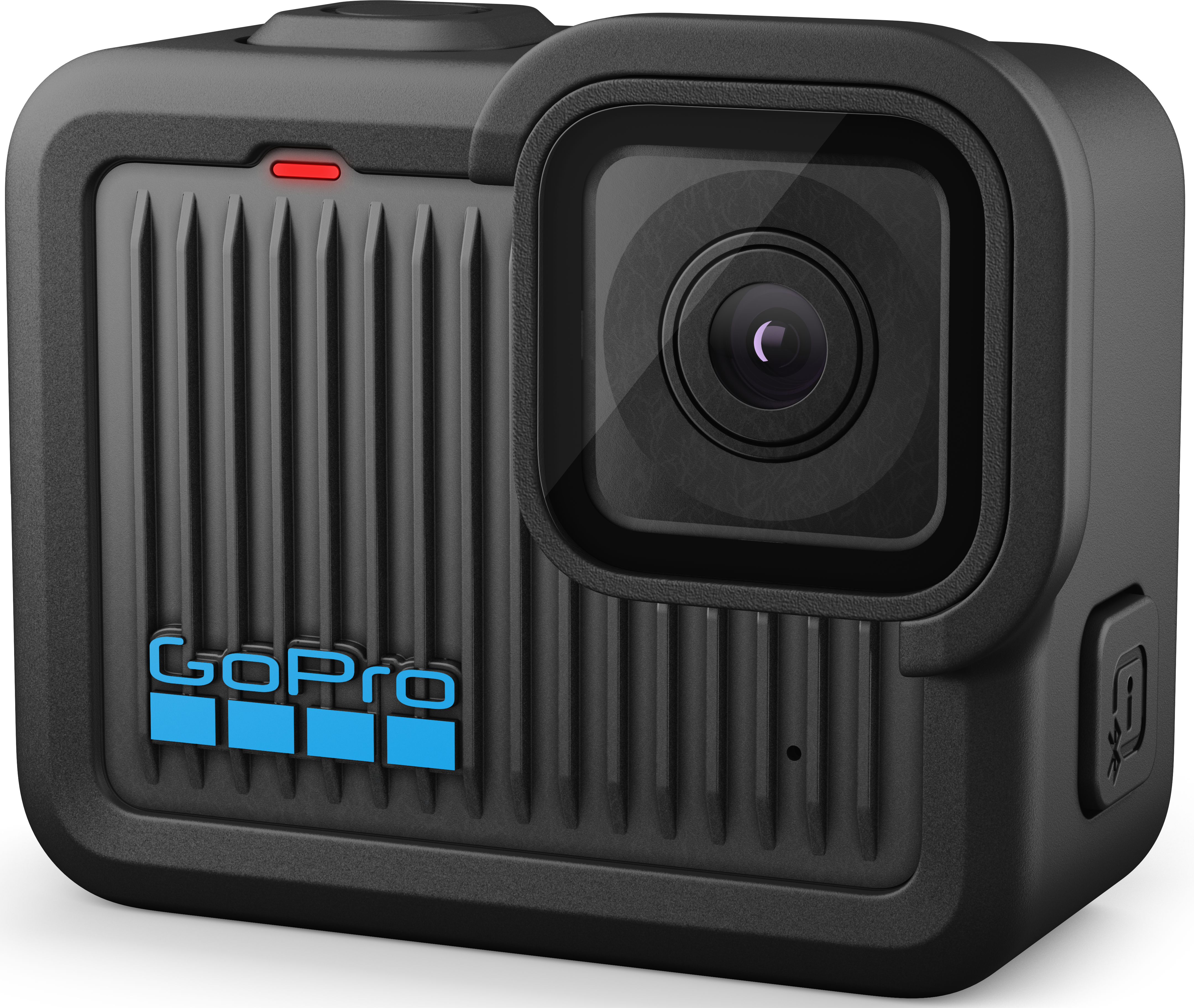 Schwarze GoPro-Kamera mit integriertem Bildschirm und rotem Licht, leicht angewinkelt.