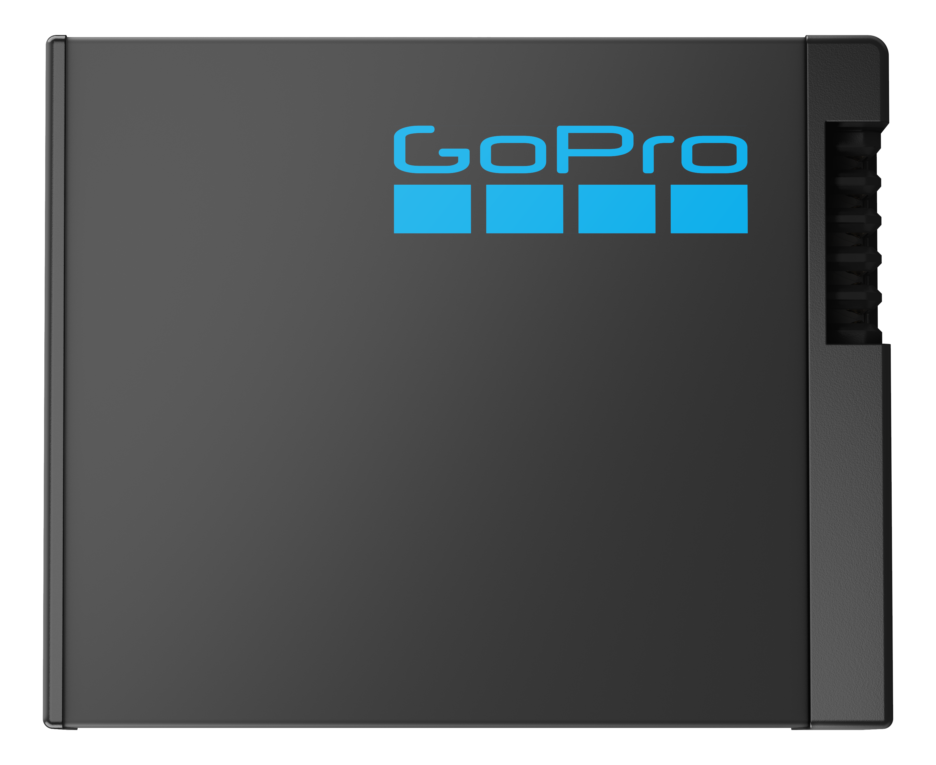 Ein schwarzer GoPro-Akku mit dem GoPro-Logo in Blau auf der Seite.