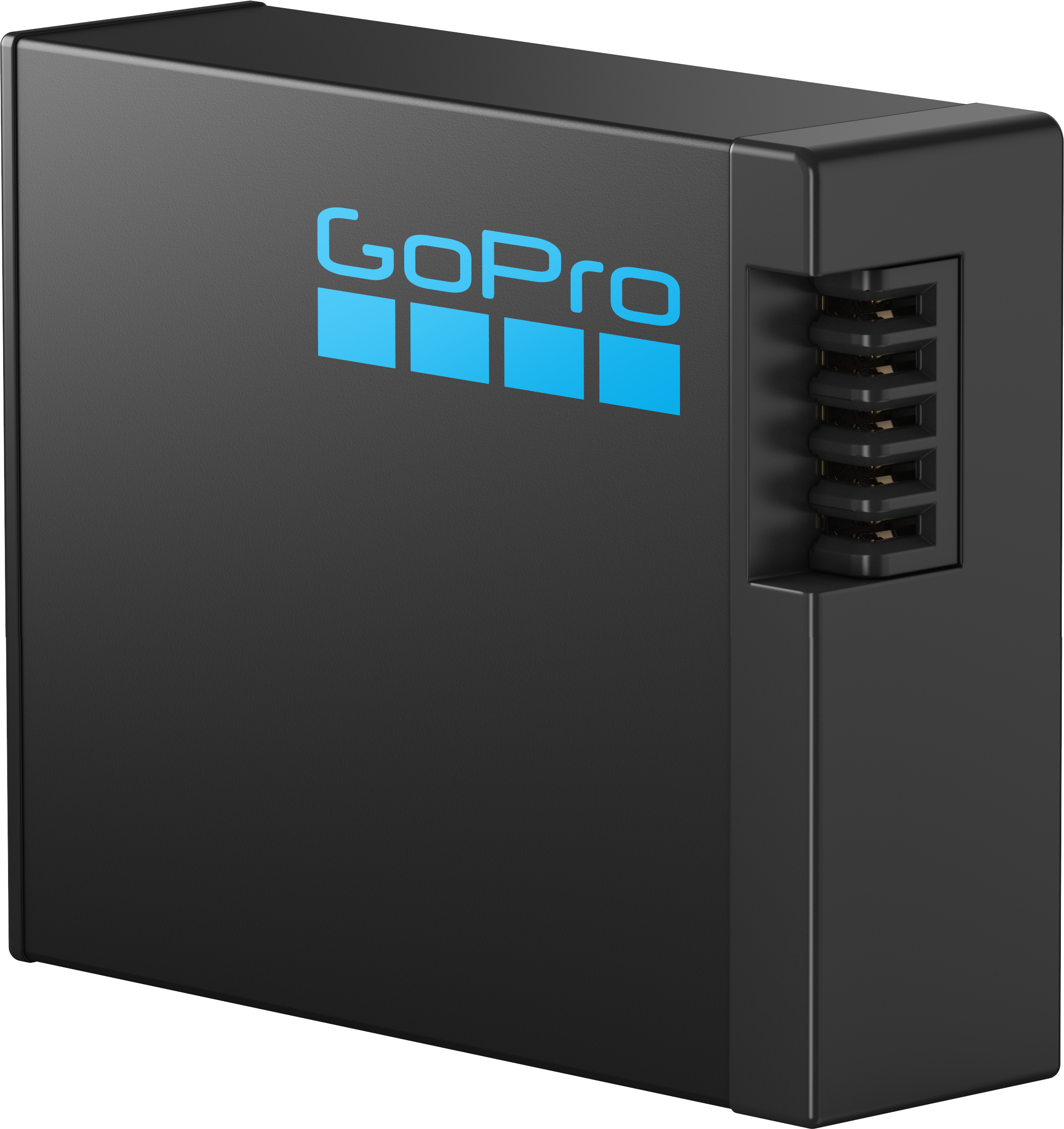 Schwarzes Ladegerät mit blauem GoPro-Logo.