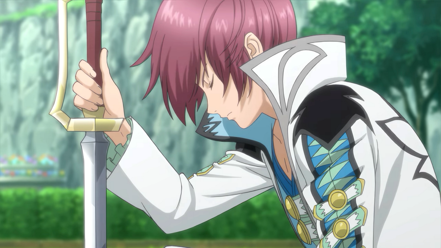 Personaje de anime con abrigo blanco, sosteniendo una espada, expresión triste.