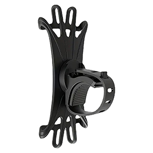 Ein schwarzer Telefonhalter für Fahrräder aus Kunststoff mit kreisförmigem Griff.