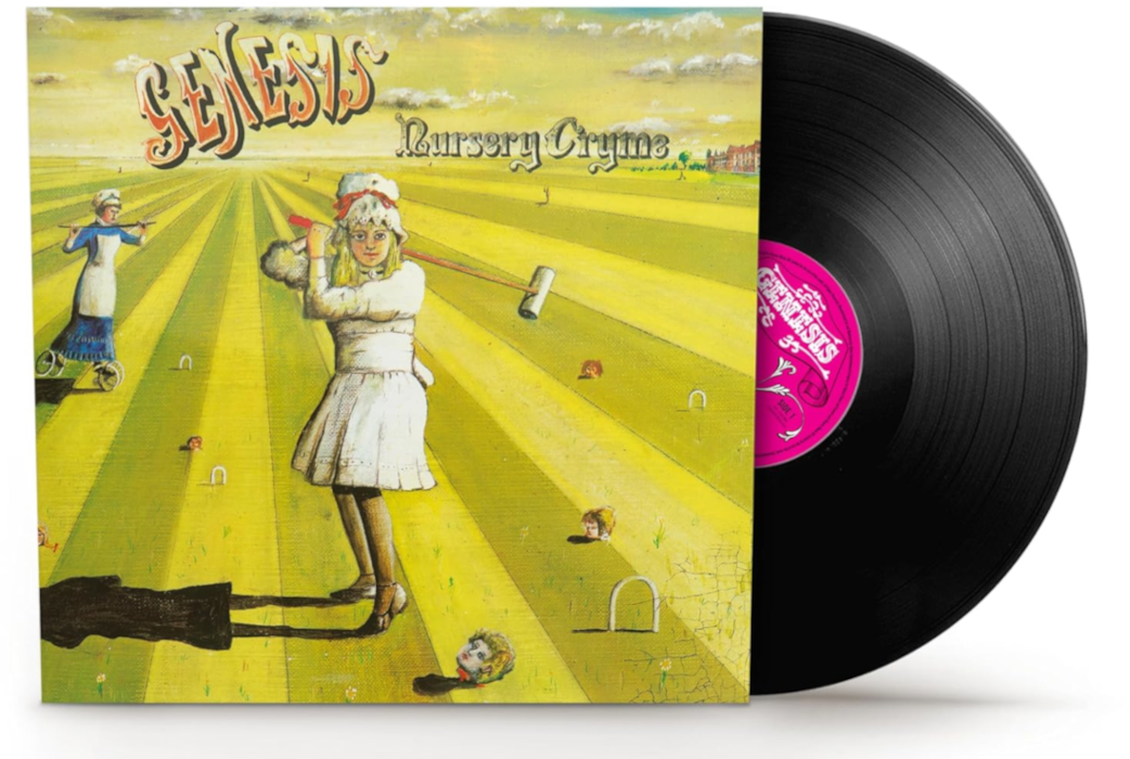 Album borító: Egy lány kalapáccsal a kezében egy szürreális krokett jelenetben. Jobbra egy bakelit lemez látható. Az album címe Nursery Cryme.