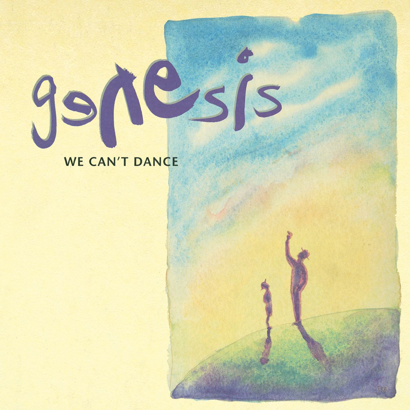 Album borító: Genesis - We Can't Dance. Lila szöveg, akvarell figurák zöld dombon, kék égbolt.