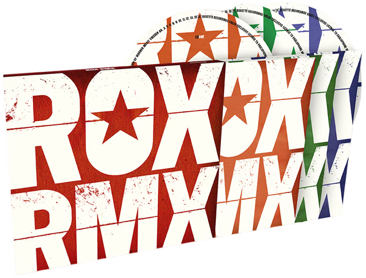 Roxx RMX album borító, piros és zöld szöveg fehér háttéren és CD borítók narancssárga, zöld és kék színekkel.
