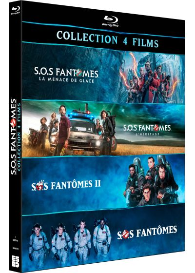 Een Blu-ray boxset met vier Ghostbusters-films. De covers worden getoond.