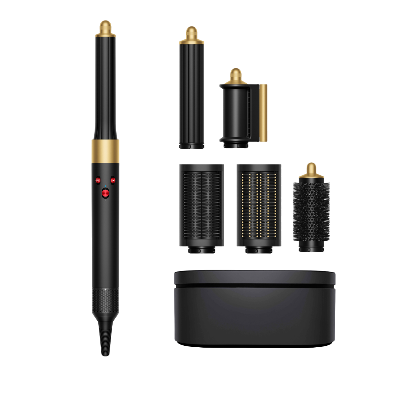 Schwarzes Haarstyling-Set mit mehreren Aufsätzen und einem schwarzen Aufbewahrungsbehälter.