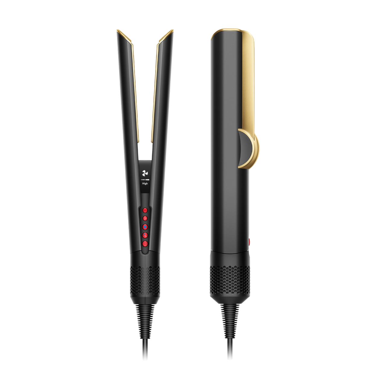 Glätteisen, Seitenansicht. Schwarz mit goldenen Akzenten. Rote Lichter.