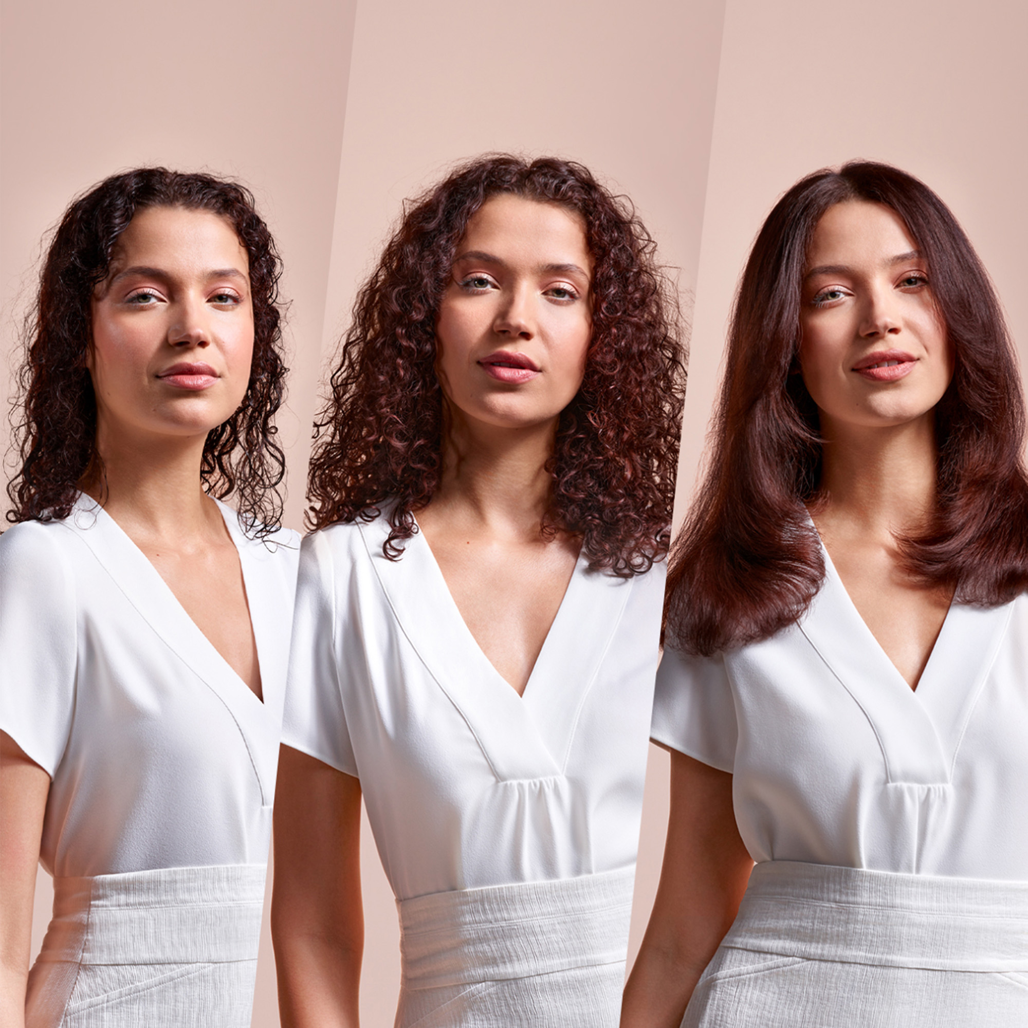 Drei Bilder, die das Haar einer Frau vor, während und nach dem Styling zeigen. Verschiedene Haarfarben.