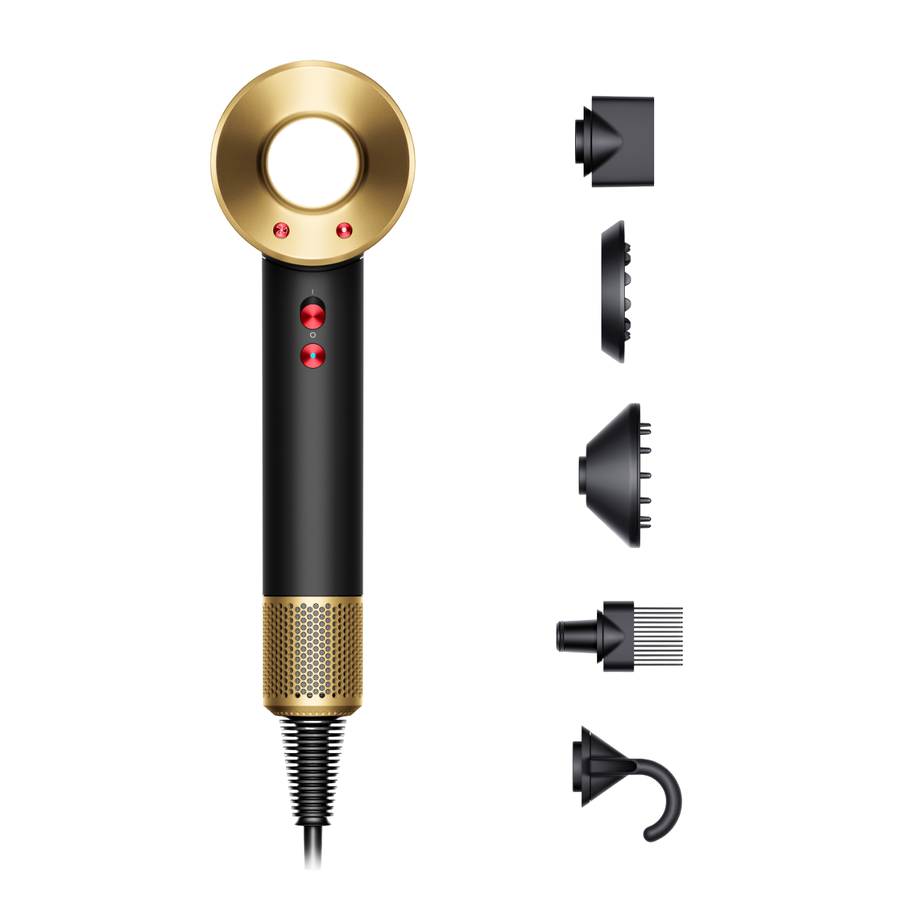 Schwarzer und goldener Dyson Haartrockner mit Aufsätzen auf schwarzem Hintergrund.