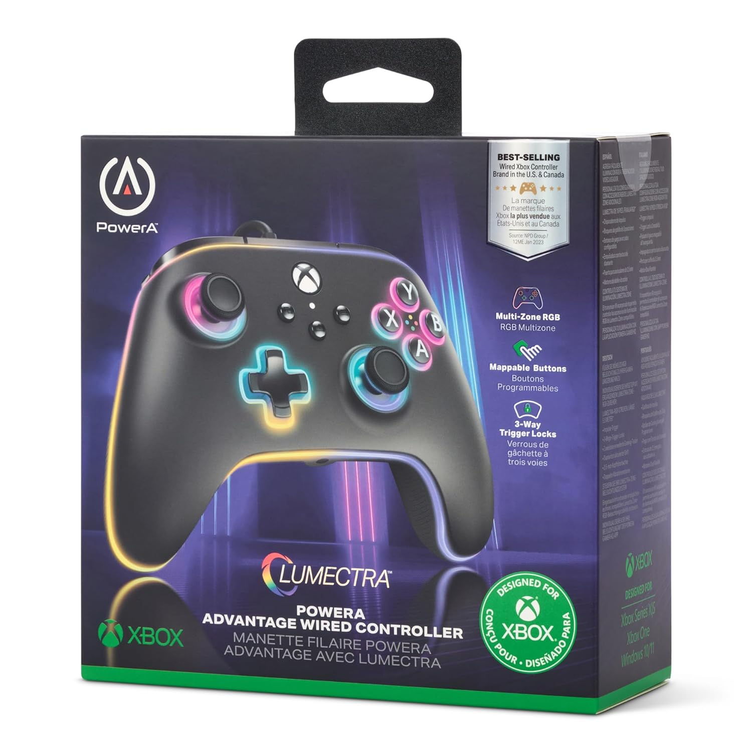Renkli düğmeli siyah Xbox denetleyicisi. Metin: PowerA Advantage Wired Controller.