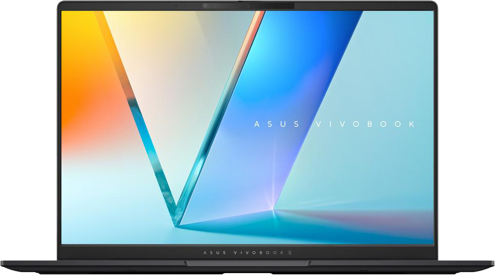 Egy laptop világoskék és fehér képernyővel, látható az ASUS Vivobook logó.