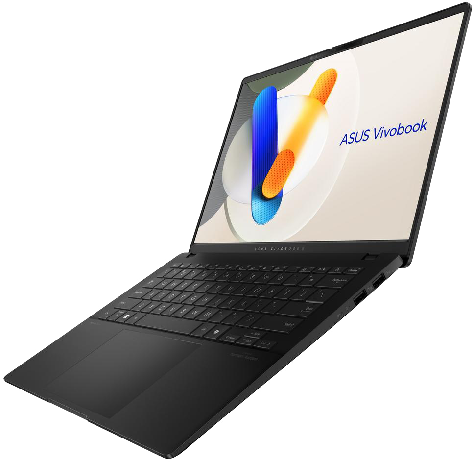 Fekete laptop, nyitva, fehér felületen, az ASUS Vivobook logó látható a képernyőn.