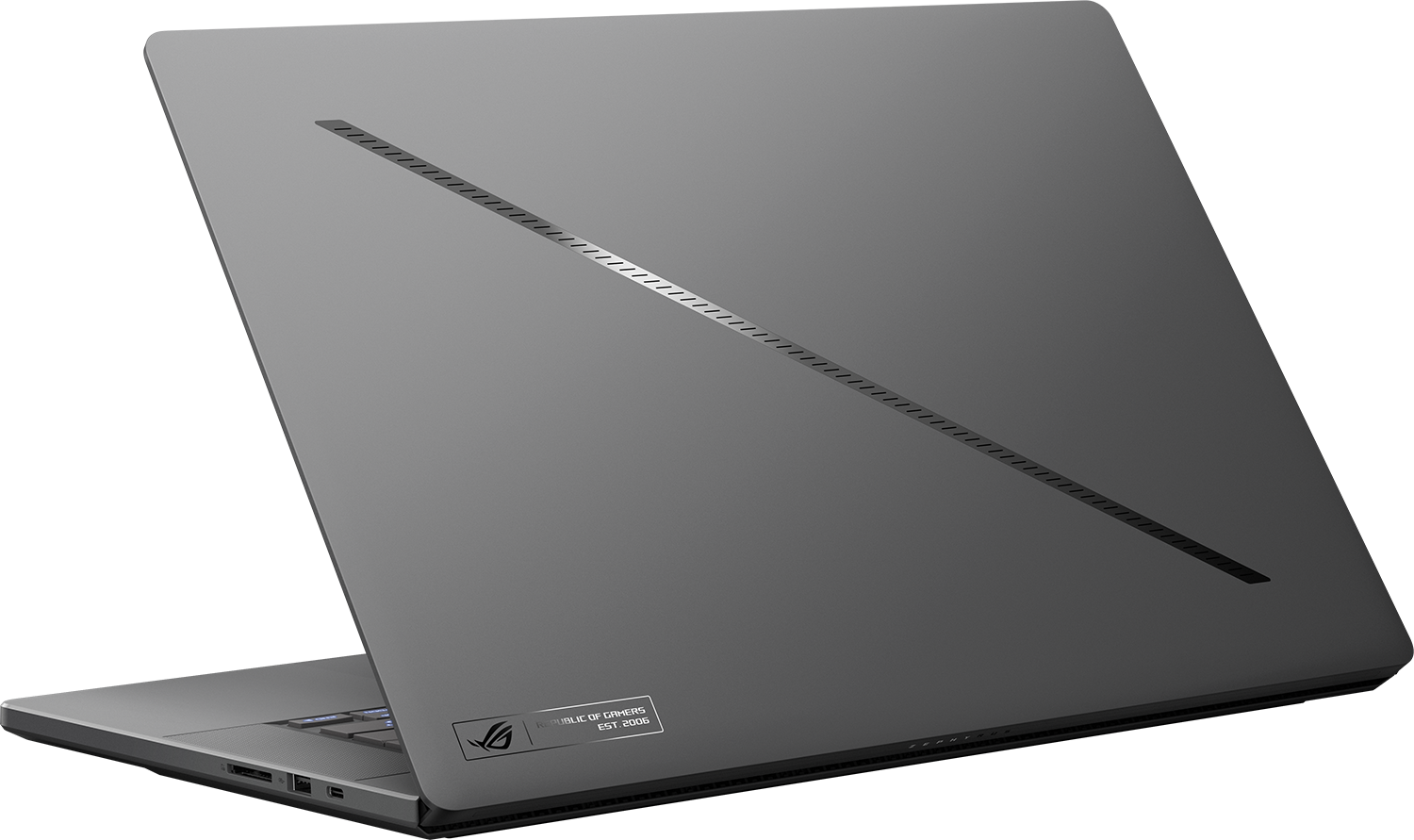 Szürke laptop hátulja ROG logóval és átlós vonal részlettel fekete háttéren.