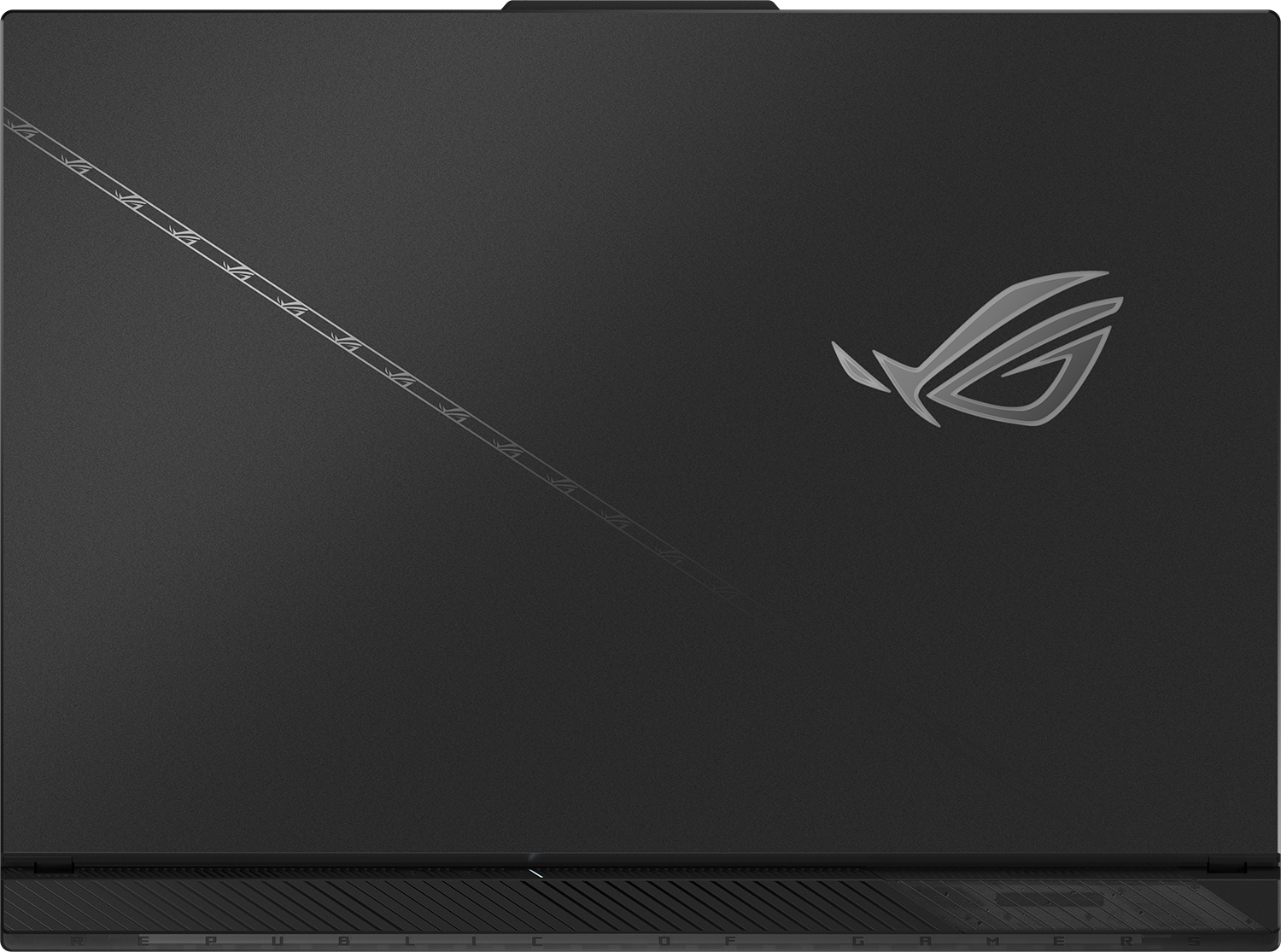 Fekete laptop felülnézete ROG logóval és dizájn elemekkel.
