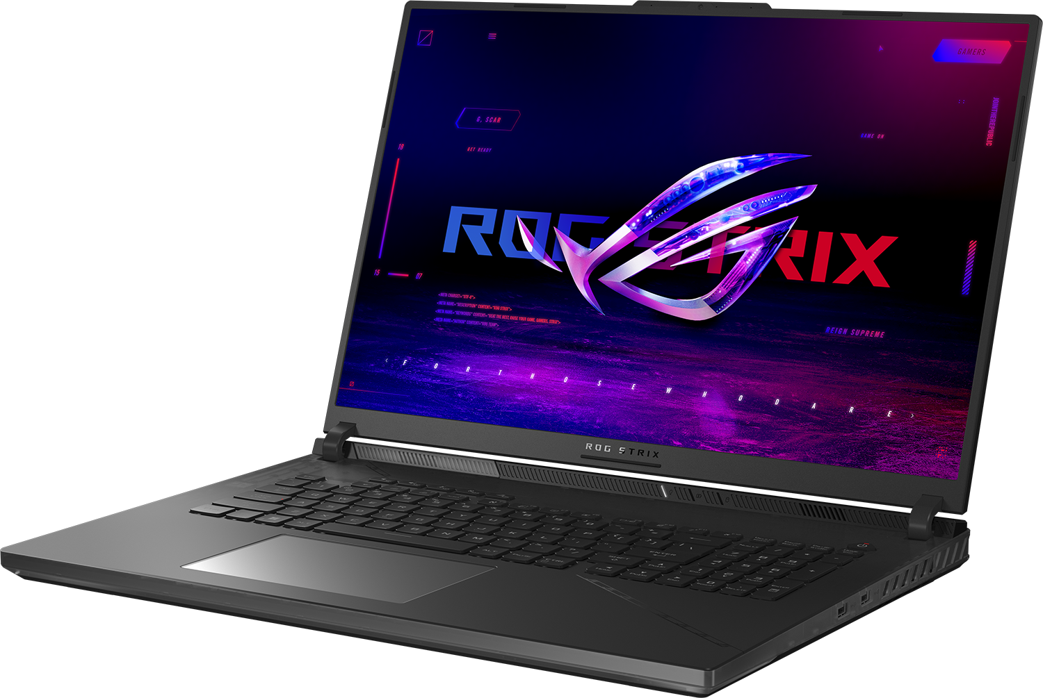 Fekete laptop, ROG Strix logóval a képernyőn, billentyűzet látható. Sötét háttér.