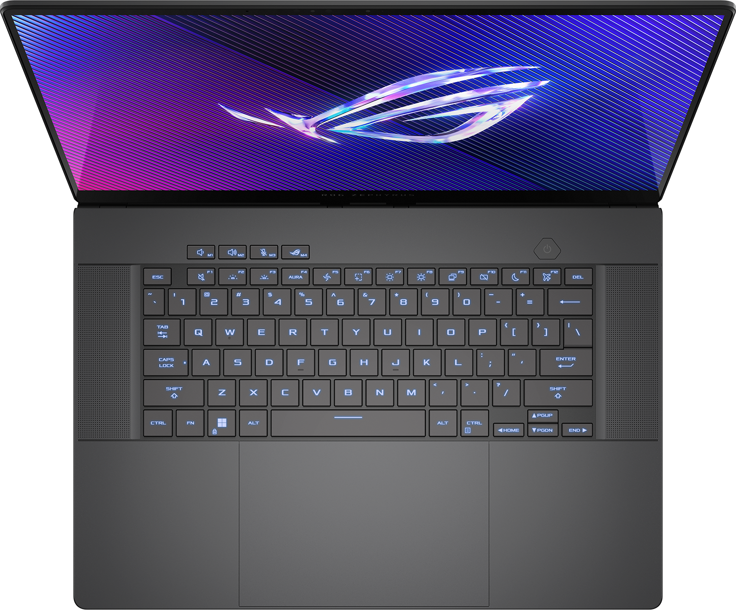 Egy laptop billentyűzettel és képernyővel, amely egy színes dizájnt mutat.